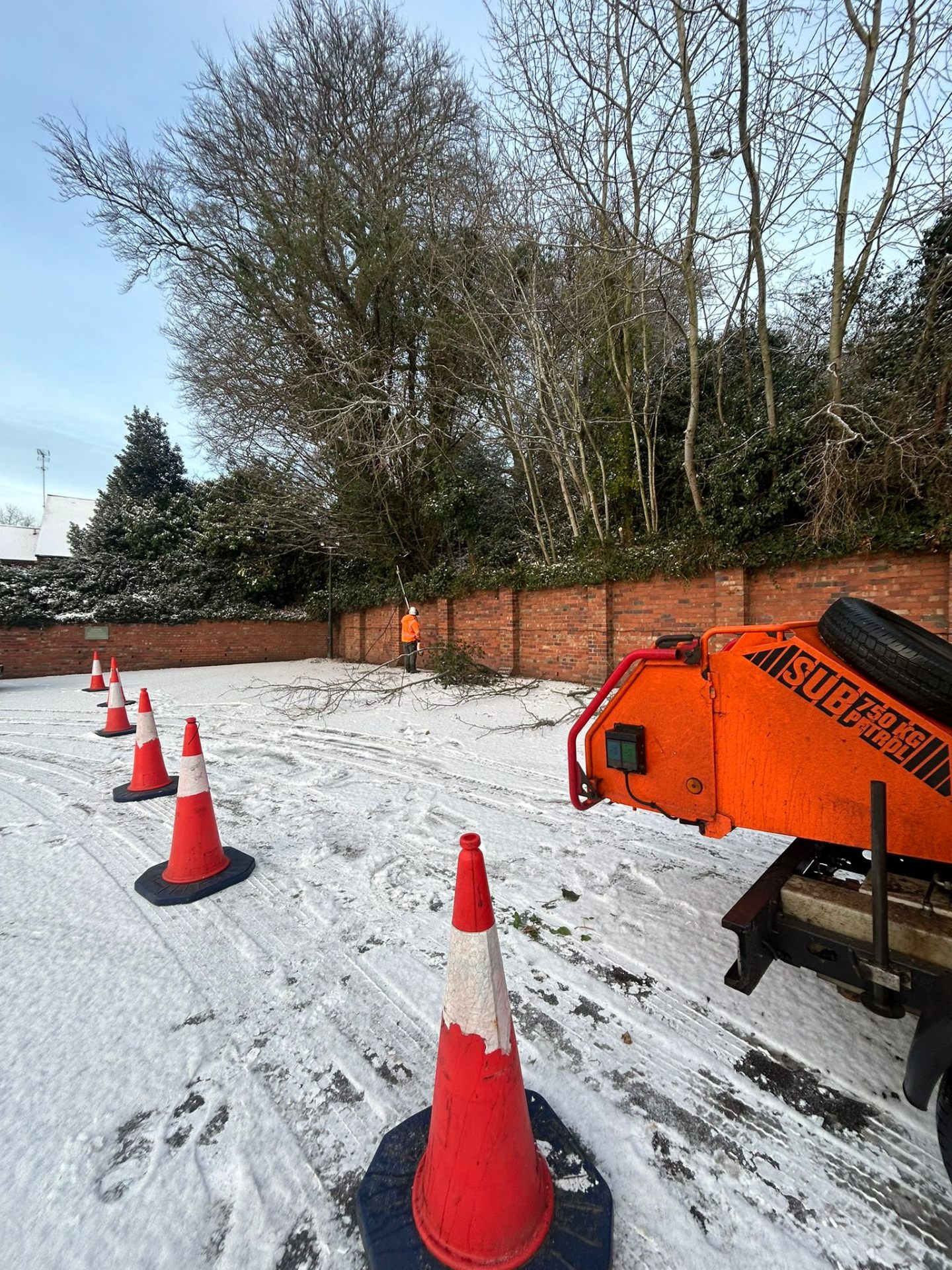 Professional winter tree work operation with wood chipper, safety cones and arborist in snowy conditions